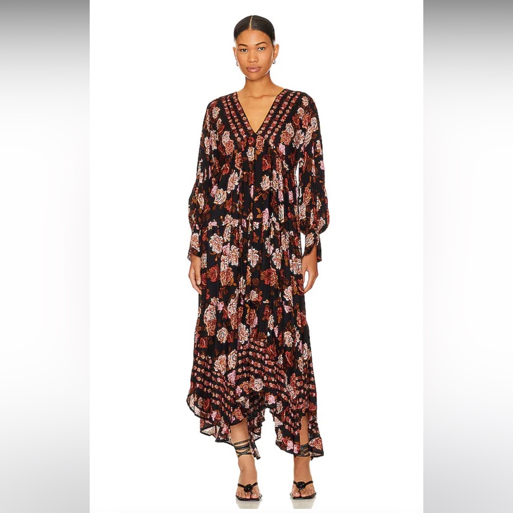 NWT Free People Rows of Roses Maxi Dress in Black Combo Sz XS